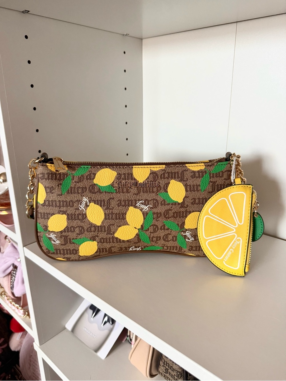 Juicy Couture “Fruitful” Brown Lemon Print Shoulder Bag with Yellow Lemon Charm